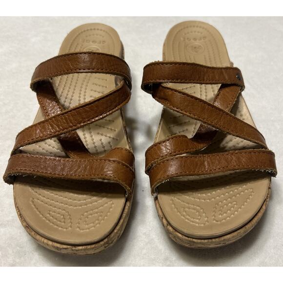 Crocs Sandals Women’s Size 8 A- Leigh Cork Wedge Brown Leather Straps Strappy - Picture 1 of 8